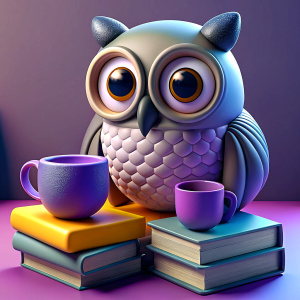 silver and purple owl with a cup of coffe sitting on a pile of books