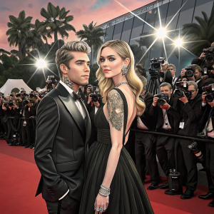 Fedez and Chiara Ferragni at the glamorous Cannes Film Festival. Crowded red carpet with flashing cameras