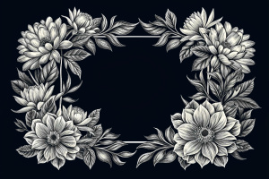 minimal line of Openwork rectangular floral frame, white on black background, vector