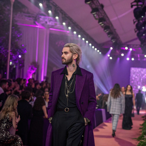 Bill Kaulitz among a vibrant crowd at a high-profile fashion gala. Rich purple decor and dynamic stage lighting set the scene.