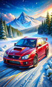 a red SUBARU IMPREZA WRX STI Limousine 2005 in landscape with snow