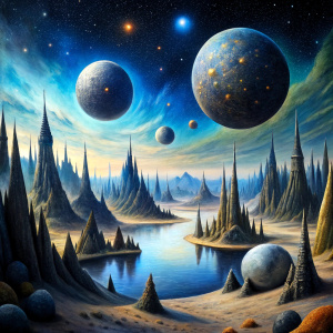 Strange Places, the little space black fantasy planet,
 fantasy, magic, acrylic painting in the style of ron spencer