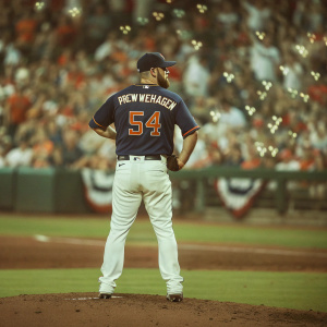 Drew VerHagen, baseball player, wearing a navy jersey with the number 54. Posing on the pitch. The background shows an enthusiastic crowd.