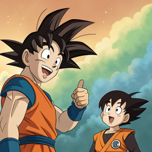 Digital art featuring Goku and Gohan. Goku giving a thumbs-up, Gohan looking shocked. Cloudy background, vibrant colors including orange, blue, and green. Anime style.
