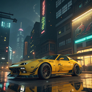 Ajay Raikar's vibrant yellow sports car. Futuristic 3D render with detailed graphics and neon lighting. Cityscape backdrop at night