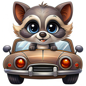 cute baby raccoon with big eyes in the retro car, white background 