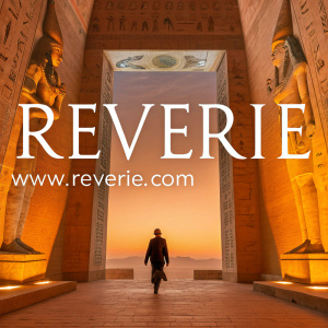 Homepage for the Reverie app. Lucid dreaming technology showcased. Egyptian themed design with orange and brown hues. Statues and a central figure adorn the background. Website: www.reverie.com