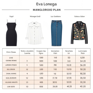 Eva Longoria Mango Clothing Line Assortment Plan

| Item Description | Quantity | Specifications |
|------------------|----------|---------------|
| Black Sheath Dress | 100      | Fits sizes 4-10 |
| White Blouse      | 200      | Sizes S-XXL    |
| Denim Skirt       | 150      | Available in 3 colors |
| Floral Maxi Dress | 75       | Versatile sizing |
| Leather Jacket    | 120      | Styles for all seasons |

(Note: This table provides a structured view of the Mango clothing line assortment planned for Eva Longoria.)