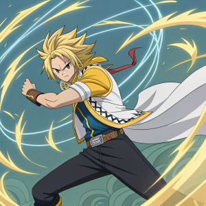 Lucas from Fairy Tail in an intense action stance. His blonde hair and vest stand out against a vibrant digital backdrop filled with swirling energy patterns and dynamic colors.