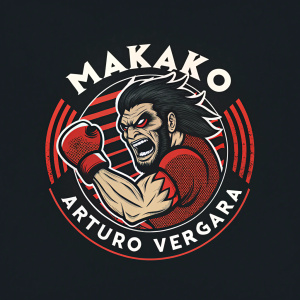 Illustration of a logo for Makako Arturo Vergara. Character is fierce and determined. Muscular face with an aggressive look. Background is black. Design is boxing-themed, bold, and dynamic. Colors are vibrant and striking.