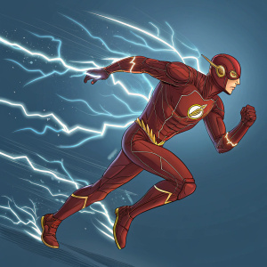 The Flash, Barry Allen, in a dynamic action pose. Lightning bolt background, glowing red suit