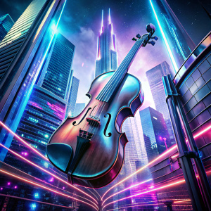 Photorealistic album cover for "Cyberpunk Violin" in the style of cyberpunk music. Depict a futuristic violin with sharp angles, glowing neon accents, and a metallic finish. The background should be a vibrant cityscape at night, with towering skyscrapers and holographic displays. The violin should be the central focus of the image, illuminated by a combination of neon lights and the glow of the city. The overall mood should be energetic, vibrant, and otherworldly.