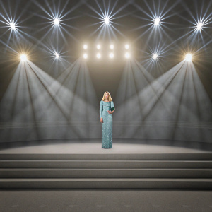 Rita Ora, in a stunning aquamarine dress, at the Grammy Awards. Glowing stage lights create a dramatic atmosphere