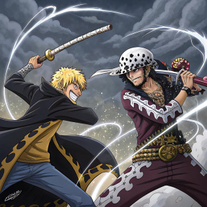 Trafalgar Law and Corazon in intense battle stance. One Piece manga panel. Dark stormy sky and intense action lines