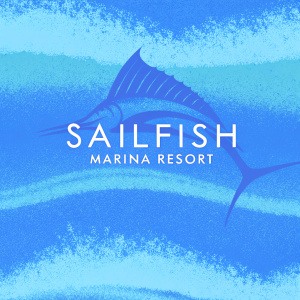The Sailfish Marina Resort logo showcases the brand name in elegant blue and white, intertwined with sleek sailfish and oceanic motifs.