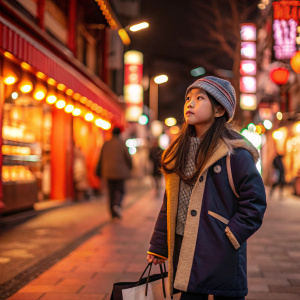 An Asian girl, with long hair, wearing a stylish coat and beanie, carrying a bag, standing on a bustling street filled with vibrant shops and warm, bright lights.