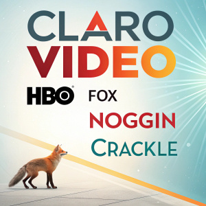 Digital ad for Claro Video featuring streaming services. Light background with bright colors and dynamic typography. Prominently displays HBO, FOX, Noggin, and Crackle logos. Sleek design with a vibrant pop of color.