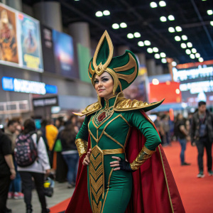 A vibrant cosplay of Rita Repulsa from the Power Rangers series. The setting is a bustling convention center, filled with fans and colorful displays.