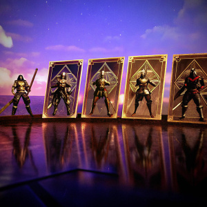 Digital artwork from 'Kings Raid'. A lineup of warriors, in dynamic combat stances. Vibrant color scheme with gold accents, dark hues, and subtle highlights. Set against intricate fantasy backdrop. Tarot-inspired design