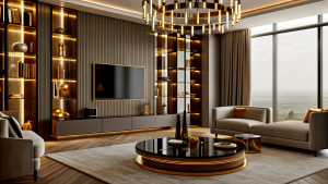 4.50 long, 2.50 high, 98 inch TV unit with gold details where I can display AK47 Kalashikov with a display case for whiskey bottles on marble  column