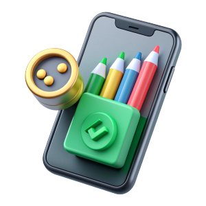 Smartphone with an image of a financial app on screen, near the smartphone a green pencil and coins lying next to it, transparent background