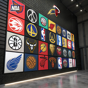 A dynamic collage featuring an array of NBA team logos, set against a sleek black backdrop. The grid showcases diverse designs and vibrant colors, with each emblem varying in size and shape to create a bold and graphic aesthetic.