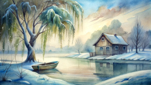 old two-story hut, weeping willow tree, boat, winter, evening