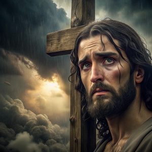 haz imagen realista de Jesús triste en la cruz, en una tarde de tormenta, se ve en primer plano su cara triste 
