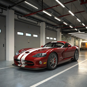 A sleek, crimson red Viper SRT 10 sports car. Detailed with stark white racing stripes. Modern garage setting