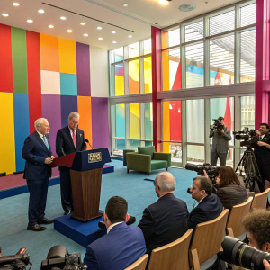 Bill Clinton, Reuven Rivlin, and Yuli-Yoel Edelstein in a vibrant conference room, all dressed in formal attire. They are holding a joint press conference.
