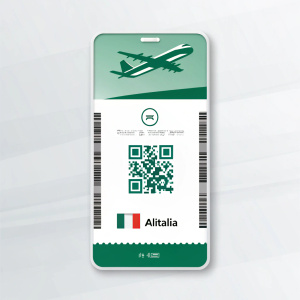 Digital boarding pass for Alitalia flight. QR code, flight details, and airline logo. Designed for convenience.