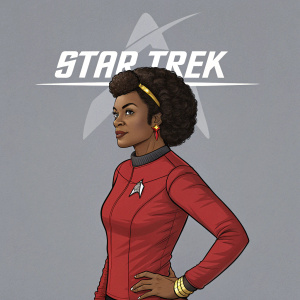 Digital illustration of Lieutenant Nyota Uhura from Star Trek. Wears Starfleet uniform with accessories. Determined look, athletic build. Gray background with Star Trek logo