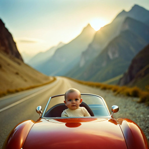 baby in ferrari car at mountain road, soft light, high quality