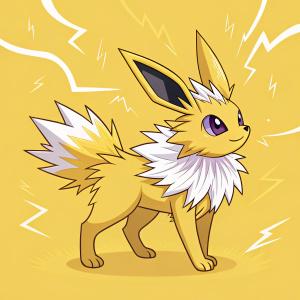 Digital illustration of Jolteon, a Pokémon. Bright yellow background with dynamic lightning shapes swirling around. Jolteon has a confident stance. Fluffy, spiky yellow fur with white accents, deep purple eyes.