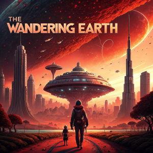 Movie poster for The Wandering Earth. Vibrant colors, dominated by deep reds and oranges. Futuristic cityscape in the background, spaceship at the center