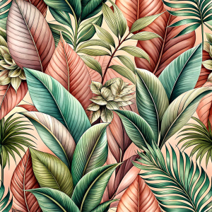 Pattern Seamless, Vector, Vintage Old Soft Colors, Shade Pink, Abstract Hand-Draw, Tropical Plants, Leaves and Flowers. White background