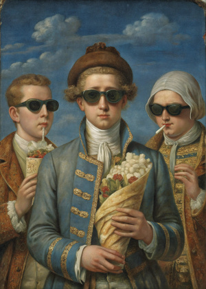 18 century style dressed  people wearing sunglasses , and eating kebab wrap