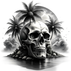 skull island tattoo design - perfect realistic art - high-definition - grey and black - white background 