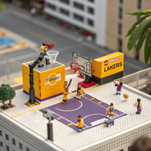 Tiny world of Lego NBA basketball set featuring Los Angeles Lakers players. Mini court with action figurines, hoop and vibrant Vyosport and Lakers logo box.