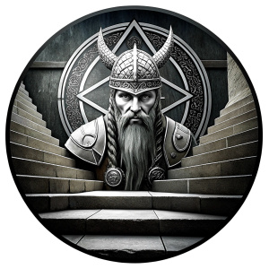 viking in walhalla stairs runen symbols pattern - perfect realistic art, high-definition, high-definition grey and black, white background 