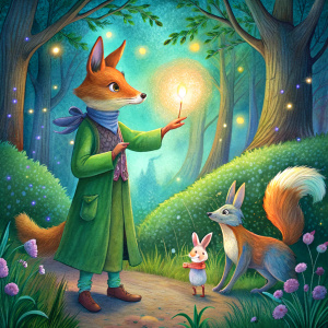  A fairytale fox with a magic wand in the forest communicates with a hare