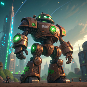 High-definition render of a colossal mech from Ratchet & Clank. The mech is predominantly brown with intricate green accents and shiny metallic components. Set against a futuristic cityscape backdrop with vibrant green and blue hues.