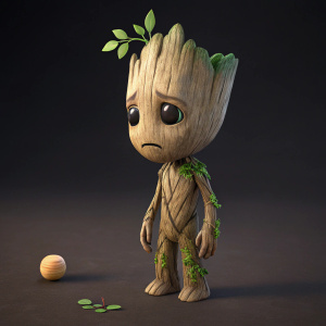 3D model of a sad Baby Groot. Dark background, small round object nearby.