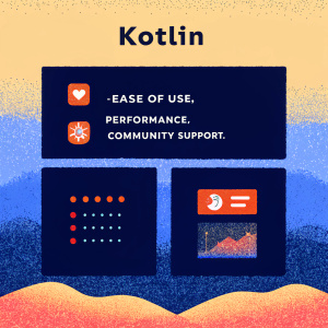 Infographic detailing the advantages and disadvantages of Kotlin. Bright, engaging design featuring charts, icons, and clear headings.