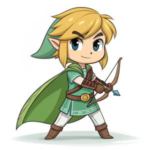 Chibi-style illustration of Link from Legend of Zelda: Breath of the Wild. The hero stands with a small, focused smile, youthful and determined. He sports blonde hair and a light complexion. Wearing his iconic green tunic and long flowing cape, he's posed with a bow and arrow ready to shoot. Set against a plain, neutral background, the focus is entirely on Link's charming character design and his brave expression.