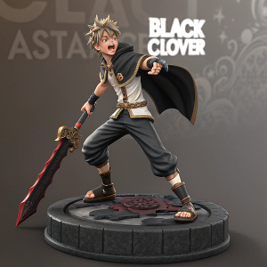High-resolution 3D render of Asta from Black Clover. Intense expression, dynamic pose, standing on a black base with intricate design elements. Stylized text in the background