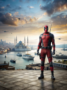 deadpool istanbulda,arkada istanbul silueti,iskelenin önünde,arkada gemiler,insanlar,sokak