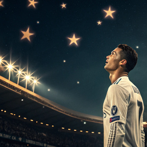 Digital artwork featuring Cristiano Ronaldo. Dark night sky with glowing stars. Warm stadium lights casting shadows. He's in white jersey with team logos.