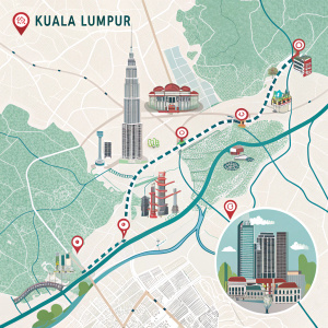 Interactive map of Kuala Lumpur's central business district. Features highways, railways, and landmarks. Detailed transportation networks, business hubs, and key infrastructure. Clear symbols and labels for each location.