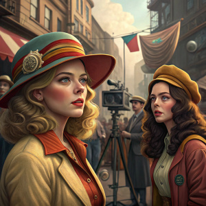 Caucasian actresses on the bustling set of a Hollywood blockbuster. Curly blonde actress with vibrant hat, serious expression. Brunette actress with long dark hair, casual demeanor. Filming in progress, crew members visible.